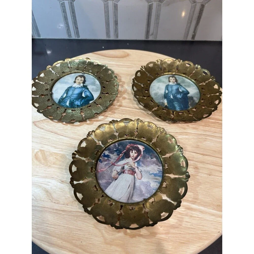Vintage Lot Of 3 England Brass Butterfly Picture Frames Pink Girl & Blue Boys